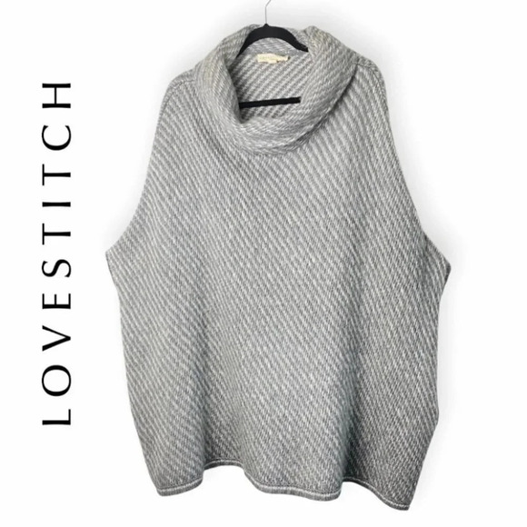 Lovestitch  Grey & White Angora Wool Blend Turtle Neck Open Sleeve Poncho - Picture 1 of 8